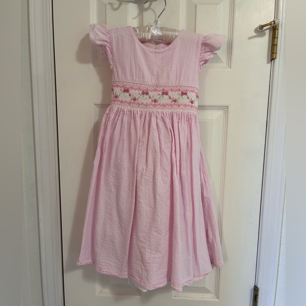 Laura Ashley Pink and White Smocked Seersucker Dress